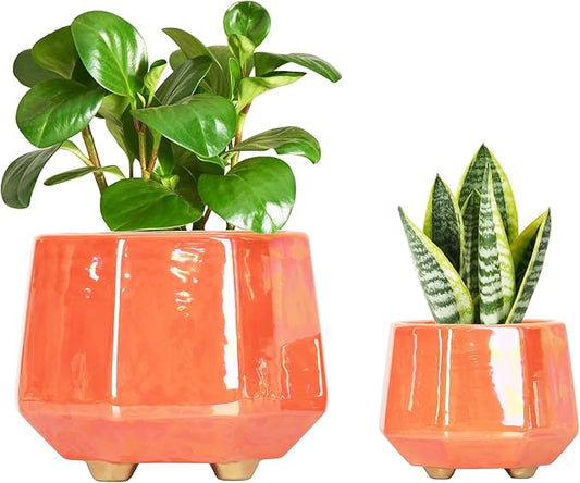 6 Inch + 4 Inch Ceramic Planter for Indoor Plants - Plant Pots with Drainage Hole - Modern Minimalist Flower Pot for Succulents and Herbs - Peach