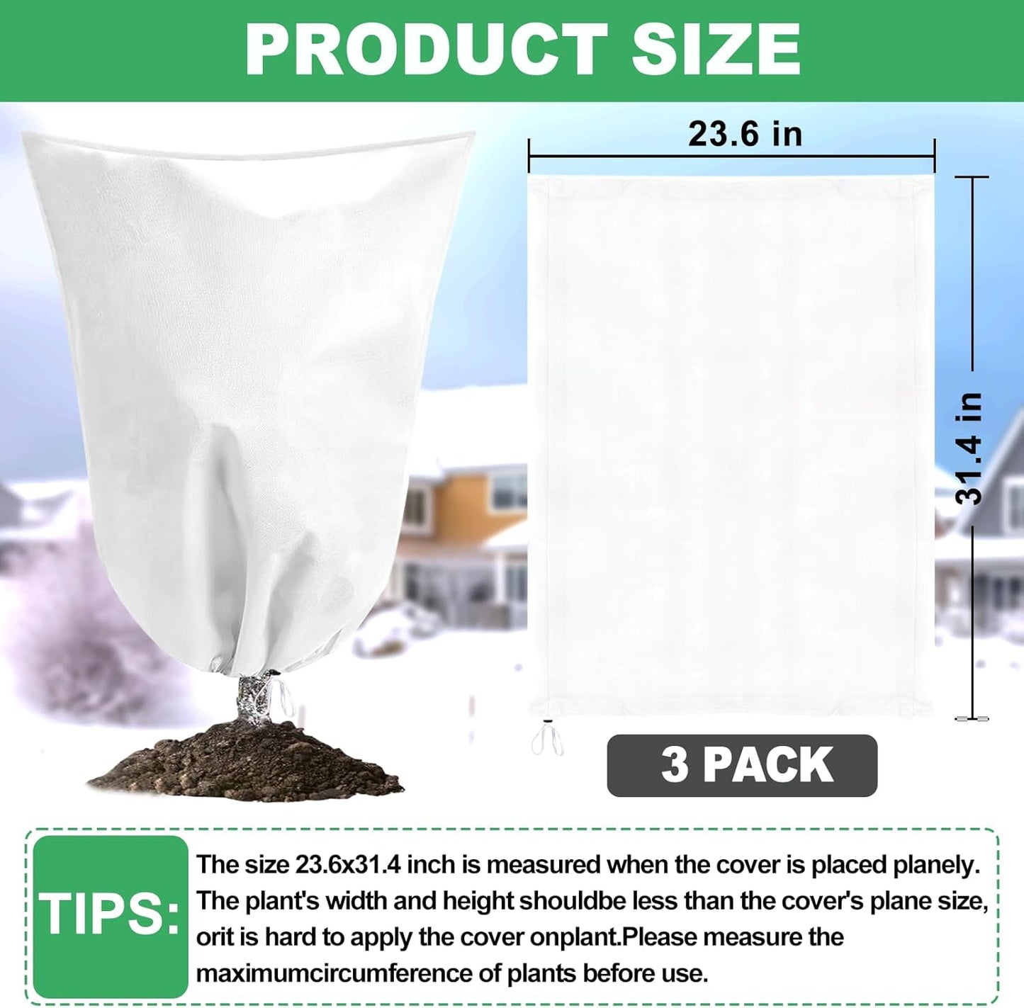 3 Pack Winter Plant Covers Freeze Protection with Drawstring, 23.6" x 31.4" Rose Cones for Winter Protection, Frost Cloths for Outdoor Plants Shrubs Trees Jacket Covers for Winter