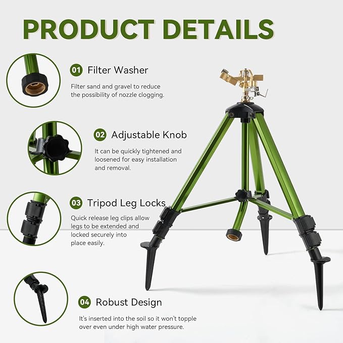 Tripod Sprinklers for Yard,Nalupatio Impact Sprinkler on Tripod Base,Heavy Duty Brass Sprinklers,360 Degree Large Area Irrigation,3/4 Inch Connector Sprinkler with Legs Flip Locks for Lawn/Yard,1 Pack