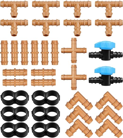 JAYEE 34 Pieces Drip Irrigation Fittings Kit (17mm) for 1/2" Tubing (.600" ID), 10 Couplings, 8 Tees, 2 Cross, 2 Valve, 6 Elbows and 6 Tubing End Closure - Barded Connectors for Sprinkler Systems