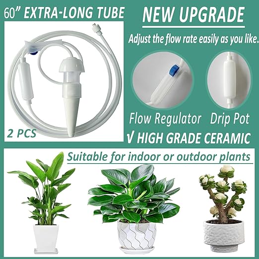 Self Watering Planter Insert, New Plant Watering Devices with Flow Regulator, Upgrade Self Watering Spikes with Controller, Vacation Drip Irrigation System Protect Your Plants (2 PCS)