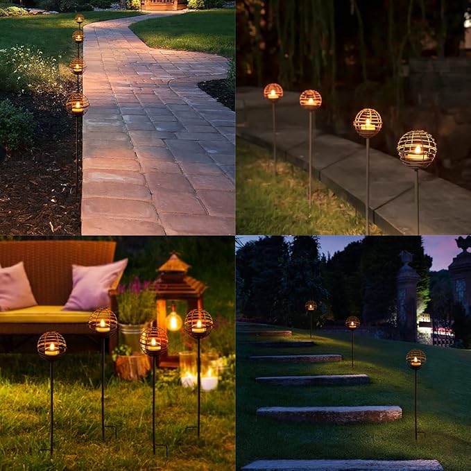 Solar Pathway Lights Outdoor, Rust Iron Ball Candle Holder Stake with Flickering Solar Powered Tea Lights, Perfect Decorative Garden Lighting for Yard Lawn Patio Landscape Decor Outside-4Pack