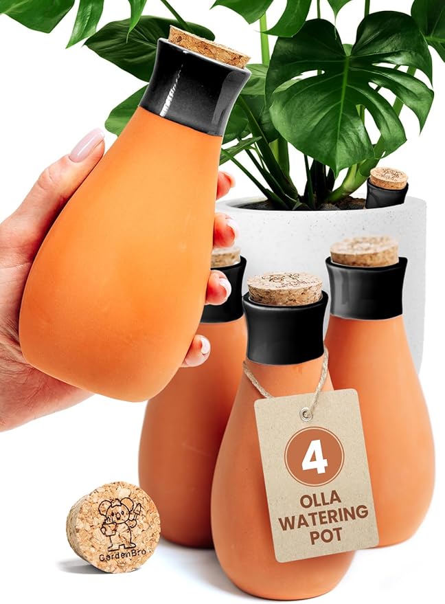 4 Pcs Ollas Terracotta Watering Pots Large- 14 Oz Self Watering Planter Insert Olla Watering System for 1-Week Easy to Refill - Clay Plant Watering Globes for Outdoor & Indoor Plants [4, Black]