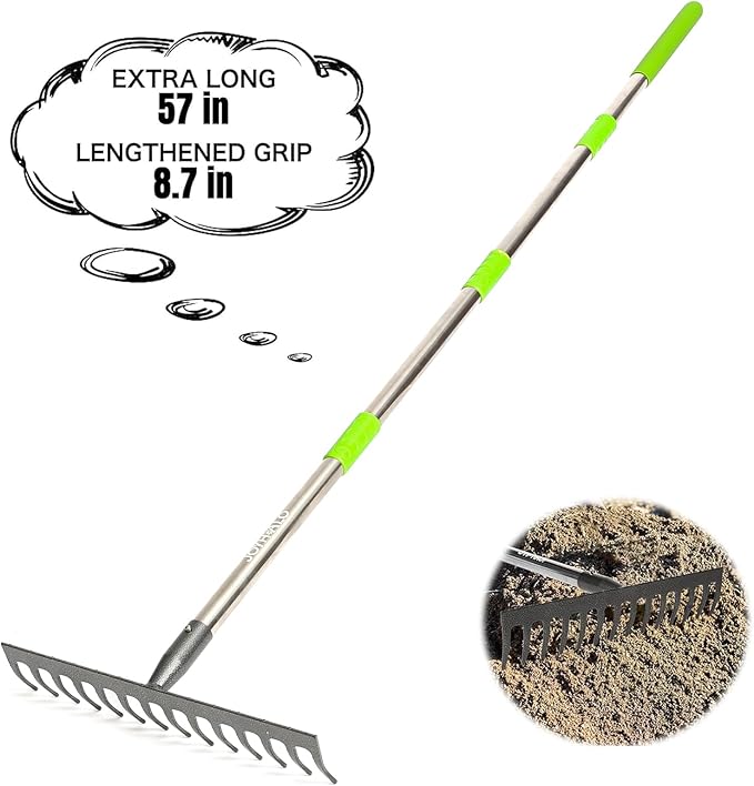 Joyhalo Rake for Leaves, 14 Tines Rakes for Gardening, Adjustable Length from 30.5 to 57 Inch Bow Rake, Metal Rake for Gardening, Rock Rake for Leveling, Loosening Soil