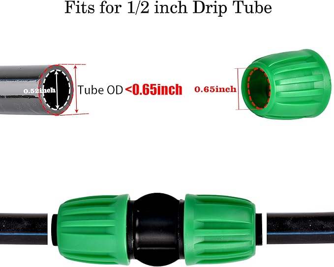 Drip Irrigation Parts, 1/2 inch Irrigation Tubing Coupling Connectors, Locking Caps Barbed Fittings, Fit OD 0.60"-OD 0.65" PE Pipe For Garden Irrigation System-12 Pcs/pack