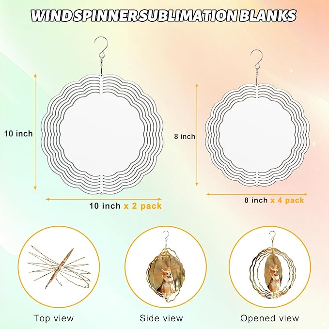 Remiawy Sublimation Wind Spinner Blanks, 6 Pack 10 Inch 3D Aluminum Metal Hanging Wind Spinners Sublimation Blanks Kinetic Sculpture DIY Crafts for Yard Garden Indoor Outdoor Porch Decoration Round