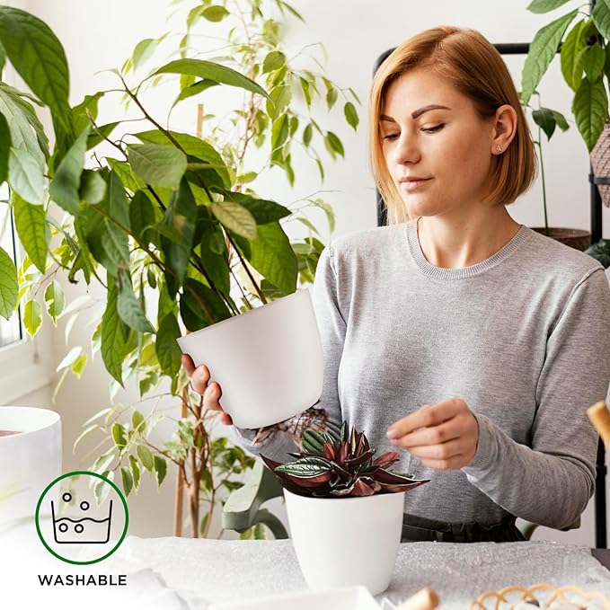 Eco Friendly Plant Pot Set - 10-Pack Home Decor Flower Indoor and Outdoor Plastic Pots with Drainage Holes, Assorted Sizes (7", 6.6", 6", 5.3", 4.8") - Stackable Garden Versatile Planters