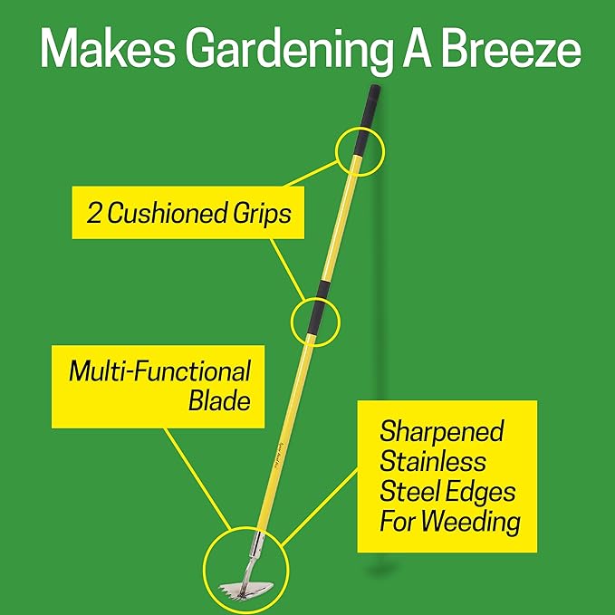 Spear Head Hoe Garden Tool - Long Handle Hoe with 59" Fiberglass Handle, 2 Cushioned Grips, & Stainless Steel Blade with Sharpened Edges & Rake - Multipurpose Garden Hoe for Weeding & More (Yellow)