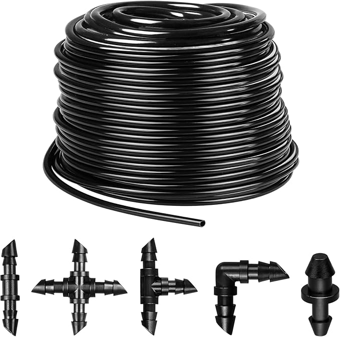 JAYEE 100Ft 1/4 Inch Drip Irrigation Tubing with 33 Pcs Drip Irrigation Parts - 10 Couplings, 10 Tees, 4 Elbows, 4 4-way Couplings, 5 End Plugs - Drip Irrigation Hose Kit for Drip or Sprinkler Systems