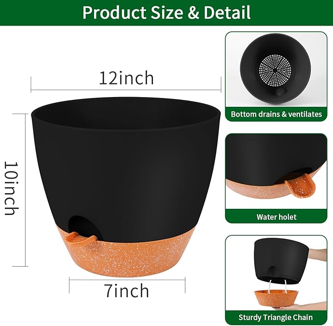 GARDIFE 12 inch planters, Plant Pots,Self Watering Pots, Large Plastic Flower pots with Deep Reservior and High Drainage Holes for Indoor Outdoor Plants and Flowers, Black