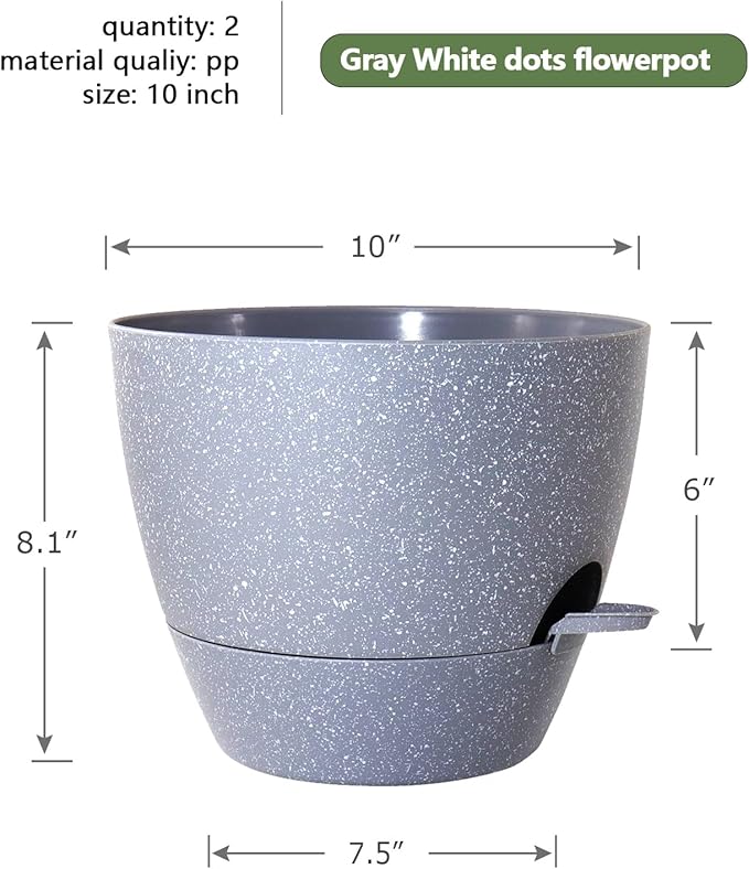 10 inch Self Watering Pots, Planter, Plant Pots with Mesh Drainage Holes for Indoor Outdoor House Plants and Garden, Set of 2 Plastic Flower Pots with Deep Reservoir, Speckled Grey