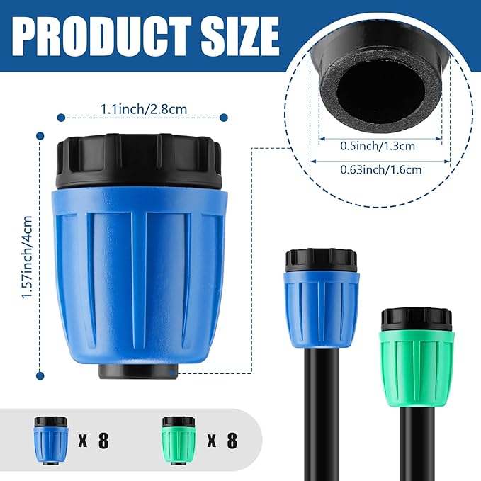 16 Pcs 1/2 inch Irrigation Fittings End Plugs For (1/2" ID x0.6-0.63" OD) 16mm Drip Tubing Connectors (Green and Blue)