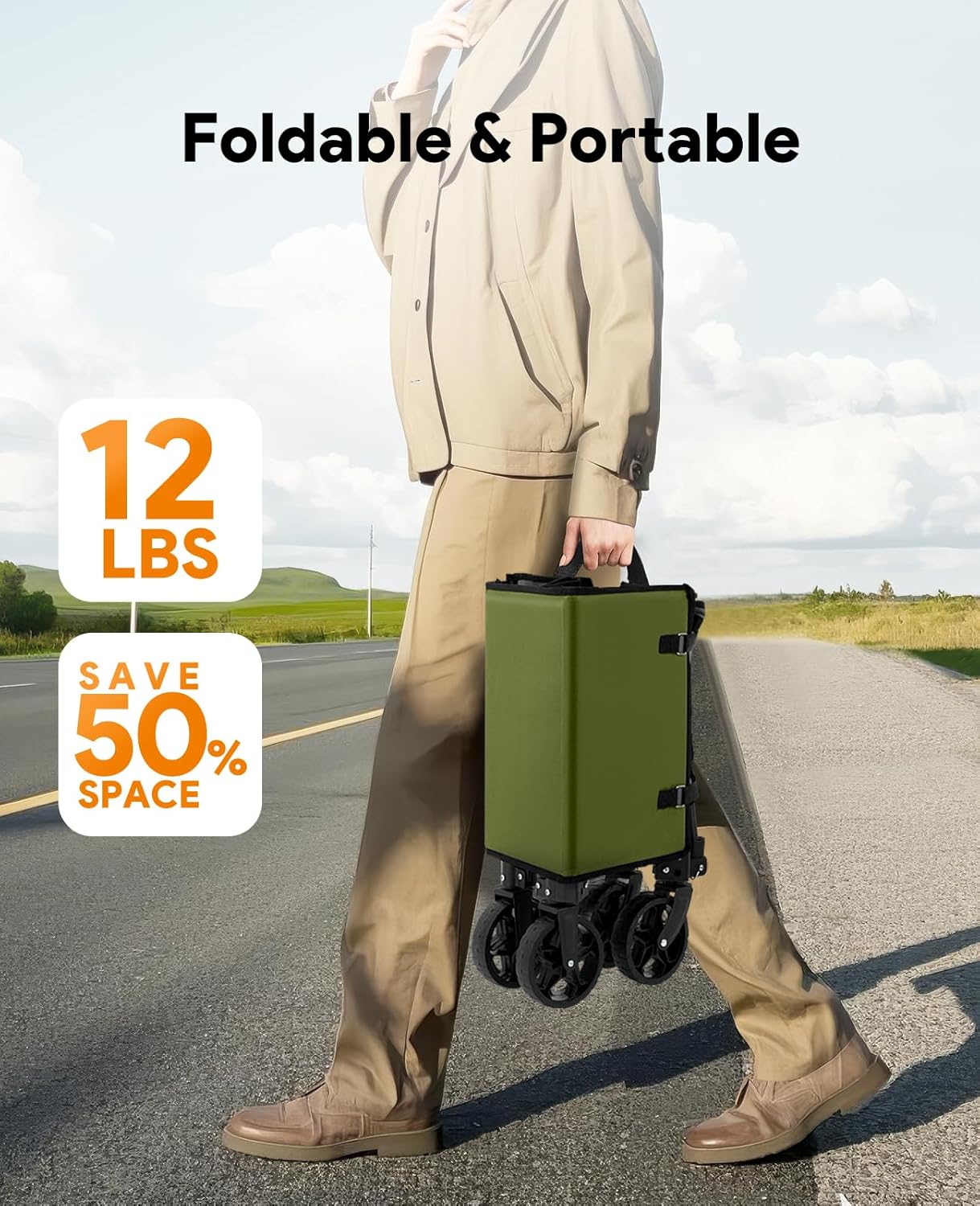 Collapsible Wagon Cart with Wheels 220lbs Foldable Wagon 120L Shopping Cart for Groceries Folding Utility Wagon for Beach, Garden, Camping, Sport, Wheelbarrows, Green