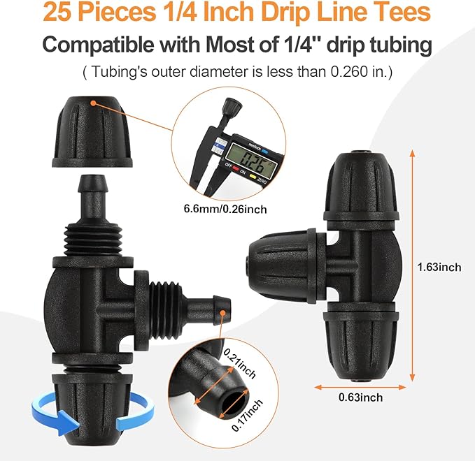 1/4 Inch Drip Irrigation Tee Fittings, 25 Pieces 1/4'' Drip Line Barbed Locked Tee Connectors for 1/4 Inch Irrigation Tubing Anti-leak 3-Way Irrigation Parts for Garden Drip Sprinkler Systems
