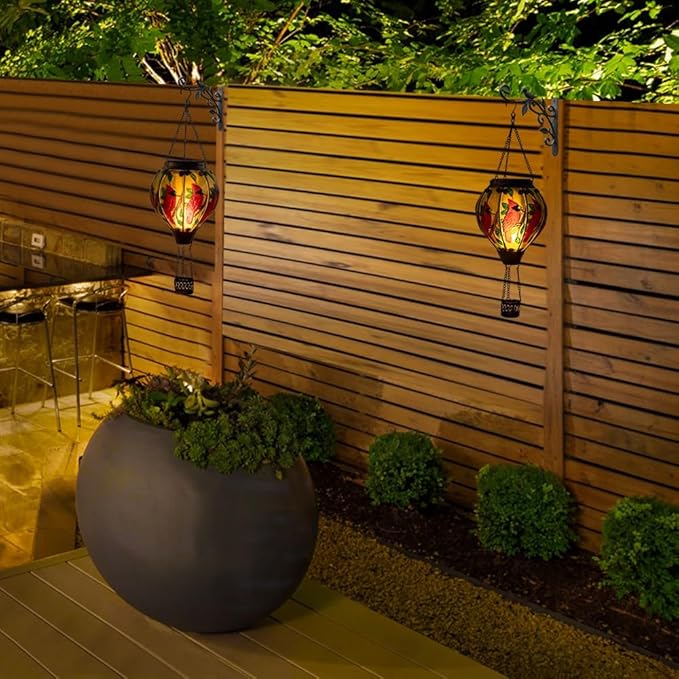 pearlstar Hot Air Balloon Solar Lantern with Flickering Flame Light Outdoor Solar Hanging Lights Waterproof for Garden Yard Farmhouse Patio Pathway Christmas Decoration,Glass(Cardinal)