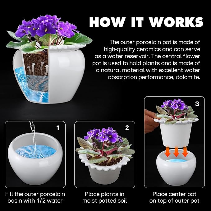Self Watering Plant Pot African Violet Pots Ceramic 6.5 * 4.6 * 4 inch White for Indoor Flowers and Plants Simple Plant Self Watering Pot Modern Decor Pots Efficient Absorption Water