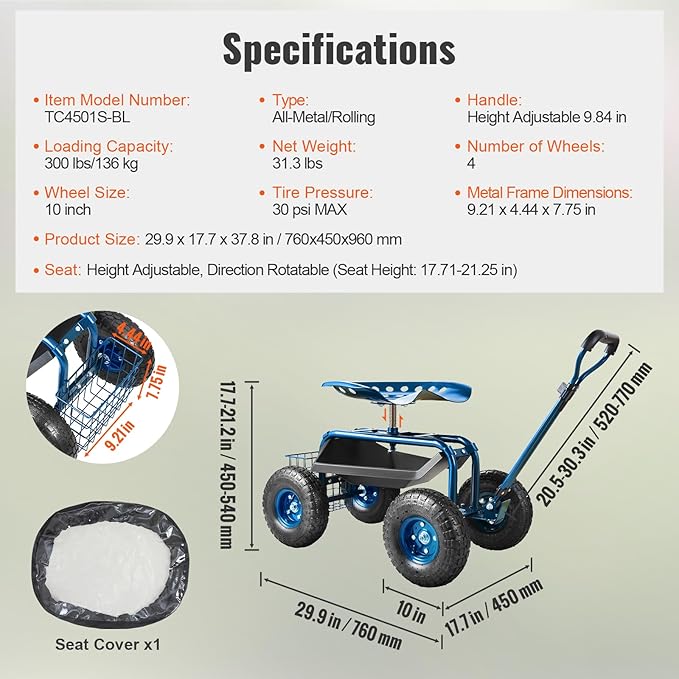 VEVOR Rolling Garden Work Seat with Wheels, Gardening Stool for Planting, 360 Degree Swivel Seat, Garden Scooter with Steering Handle & Tool Tray, Garden Chair for Outdoor, Patio and Yard, Blue