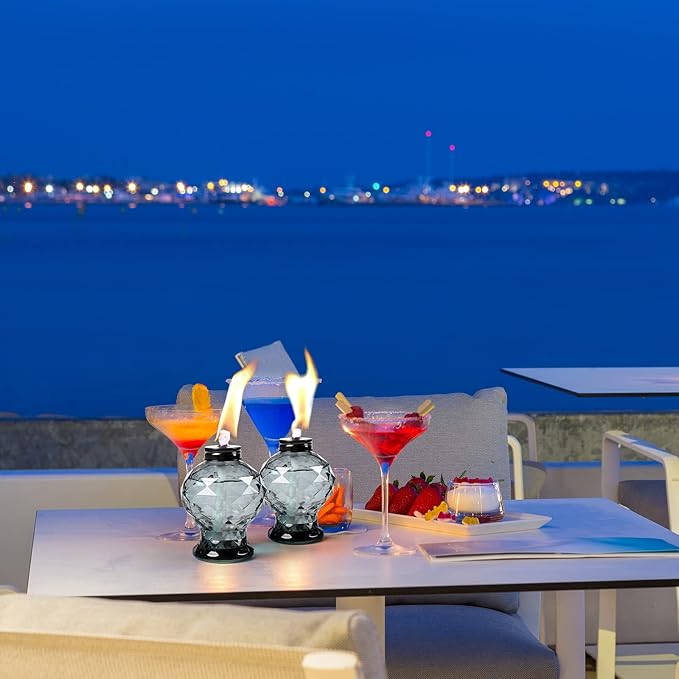 Tewei 4 Pack Grey Table Top Light Torches Outdoor, Mini Glass Torches Lanterns for Outside, Easy to Refill Citronella Torches for Garden Patio Yard Party