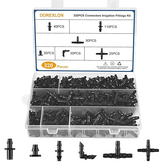 320PCS Drip Irrigation Parts, Barbed Connectors Drip Irrigation Fittings, Connect 1/4" Drip Irrigation Tubing, (End Plug,Elbows,Straight Barbs,Single Barbs,Tees, 4-Way Coupling) Drip Irrigation Kit
