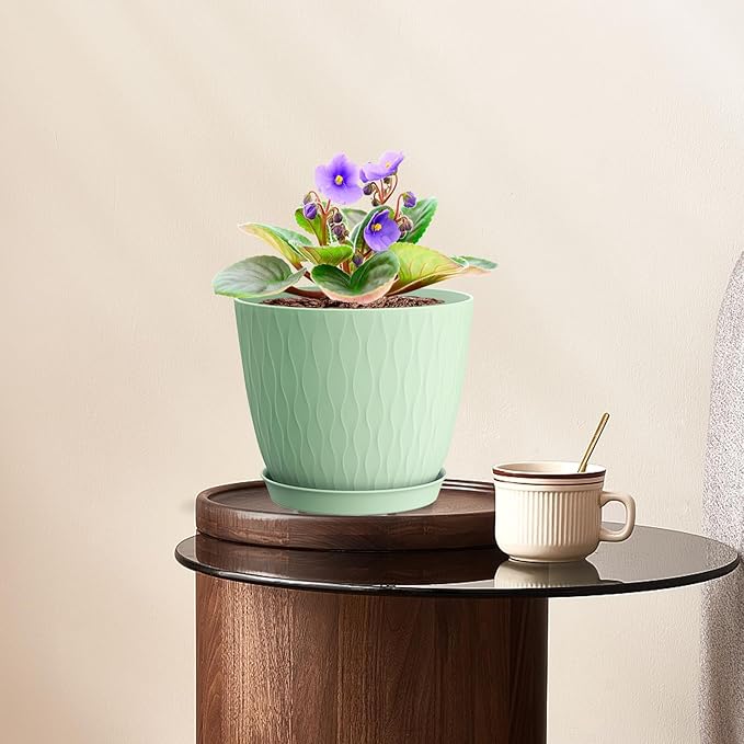 6 inch Plant pots, 12 Pack Modern Plastic Planters with Drainage Holes and Saucers for Repotting Indoor Plants and Flowers, Green