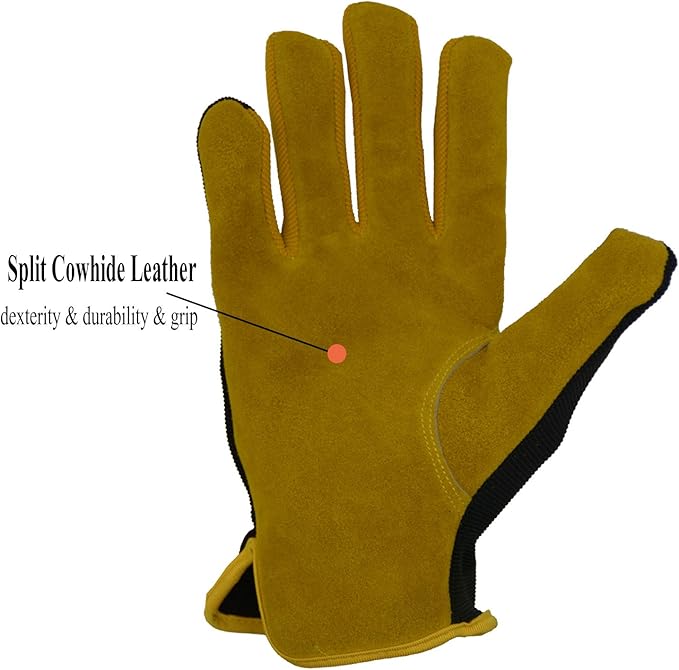 HANDLANDY Men Leather Gardening Gloves, Utility Work Gloves for Mechanics, Construction, Driver, Dexterity Breathable Design