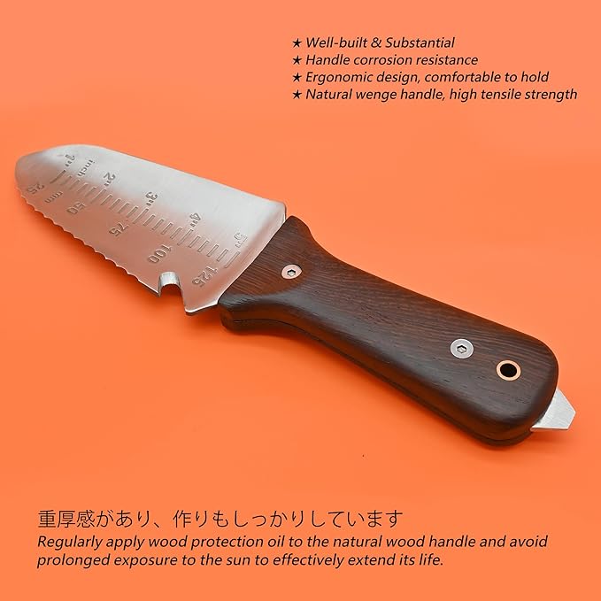 Hori Hori Garden Knife [Made in Japan] Heavy Duty Stainless Steel Japanese Hori Knife with Sheath Garden Tools, Natural Wenge Wood Handle, Full Tang
