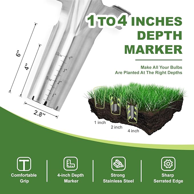 Long Handled Bulb Planter Tool, 37'' Bend-Proof Stainless Steel Bulb Planter, 4'' Depth Mark Long Handled Hole Digger, Bulb Planter with Comfortable T-Shape Long Wood Handle for Planting Tulip