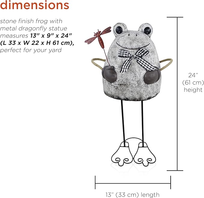 Alpine Corporation MCC862 Indoor/Outdoor Frog with Dragonfly Garden Statue, Stone Finish Frog Statue for Yard, 24" H, Silver