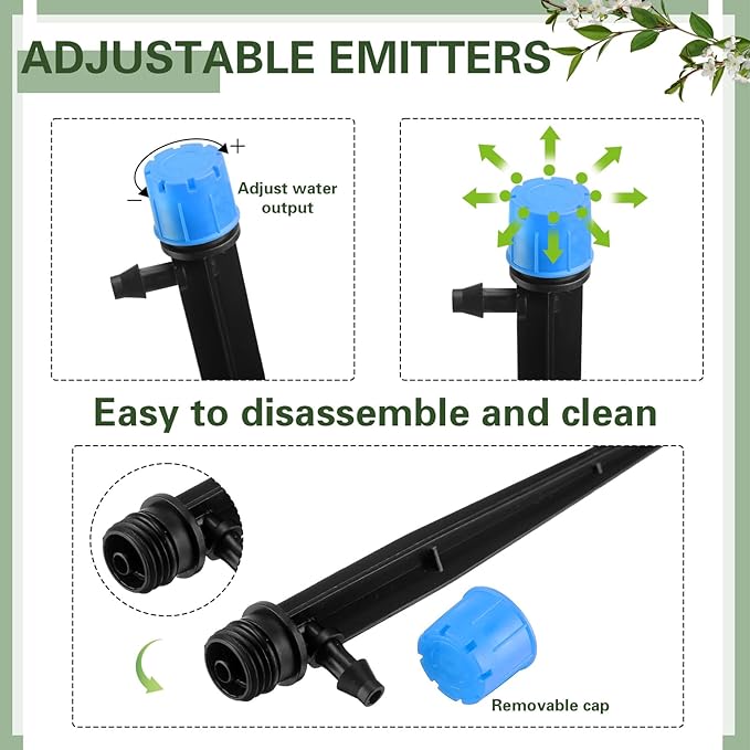200 Pcs Drip Irrigation Kit for 1/4" Tubing Include 100 Drip Irrigation Emitter Adjustable Fan Shape Drip Irrigation Parts and 100 Barbed Tee Fittings Barbed Connectors for Garden Lawn Patio