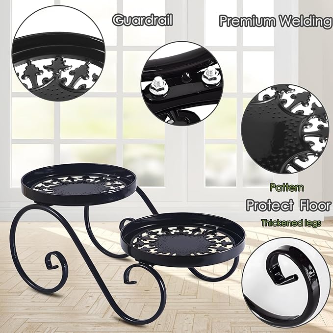 2 Tier Black Plant Stand, Metal Flower Stand Indoor Outdoor, Anti-Rust Iron Plant Shelf, Round Flower Pot Stands for Multiple Plants, Display Rack Potted Plant Holders for Garden Home Decor