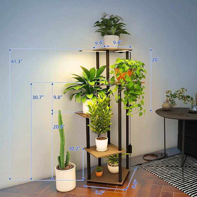 Barrina Plant Stand with Grow Lights Full Spectrum, 5 Tier Potted Corner Plant Shelf with Grow Lights Panel, Dimmable 24W (3 x 8W) LED Plant Light with Timer for Patio Garden, Living Room