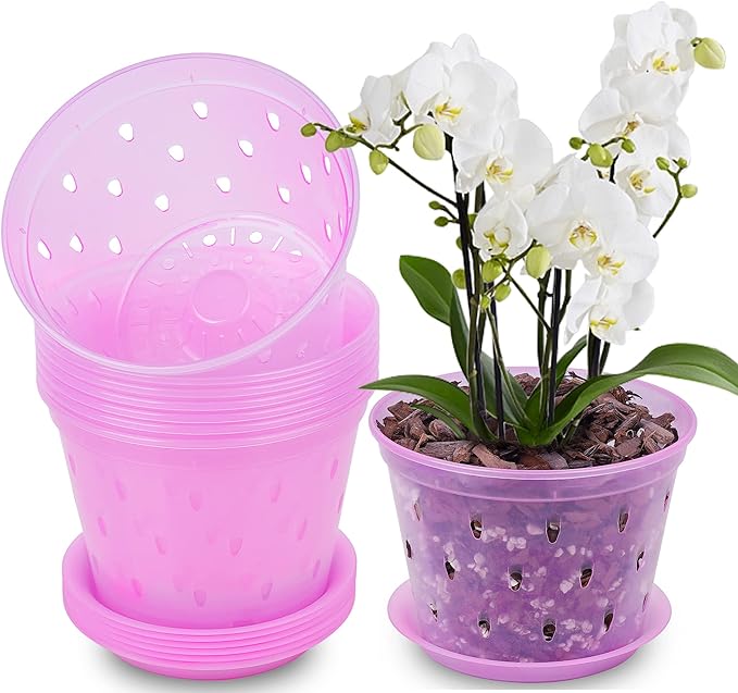 Orchid Pot, 6.7 Inch 8 Pack Orchid Pots with Holes and Saucers,Plastic Orchid Planter - Rose Quartz