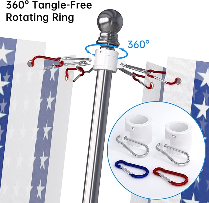 ZMTECH Flag Pole with Solar Light - Adjustable Bracket, 6 FT Stainless Steel Flag Poles for Outside House, Garden or Yard, Tangle Free Flagpole Kit for American Flag (Without Flag, Silver)