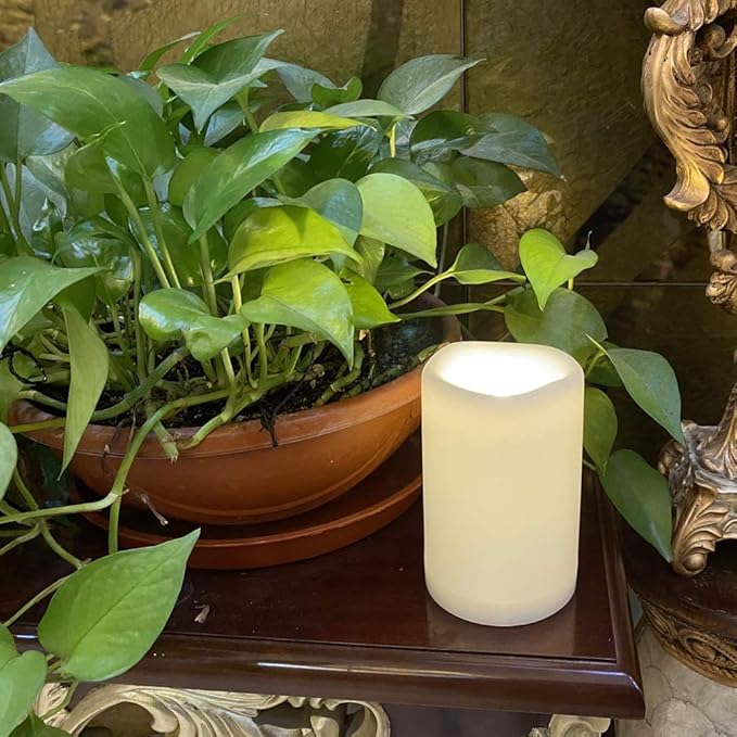 CANDLE CHOICE Waterproof Outdoor Battery Operated Flameless Candle Remote Timer Large Tall White Plastic Realistic Flickering Electric LED Pillar Lantern Garden Wedding Christmas Decorations 4”Dx6”H