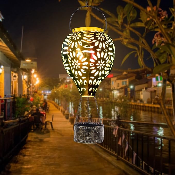 Solar Hot Air Balloon Lantern, Hanging Lanterns Outdoor Waterproof Decorative Metal LED Lantern Solar Lights for Trees Patio Garden Yard Porch Decor, Multi-Color
