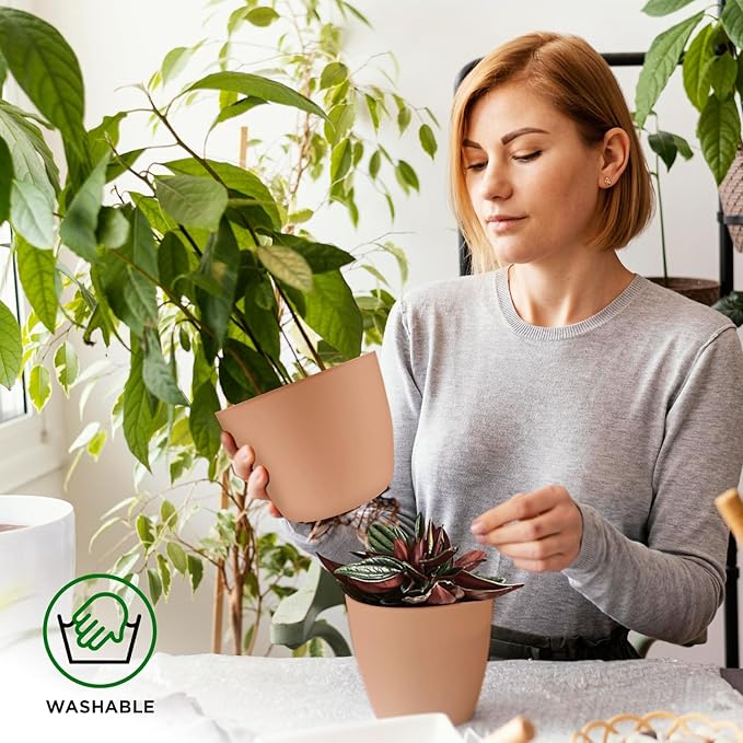 Planter Pots with Drainage Holes - Lightweight, Durable, and Space-Saving Pots for Indoor and Outdoor - Versatile Functionality, Simple Modern Design, Set of 10 Plastic Planter Pots - Pink