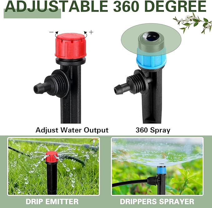 100 Pcs Drip Irrigation Emitters for 1/4" Tubing 50 Micro Irrigation Emitters Sprayer 50 Adjustable 360 Degree Water Flow Drippers for Garden Irrigation System(Red, Blue, Latch)