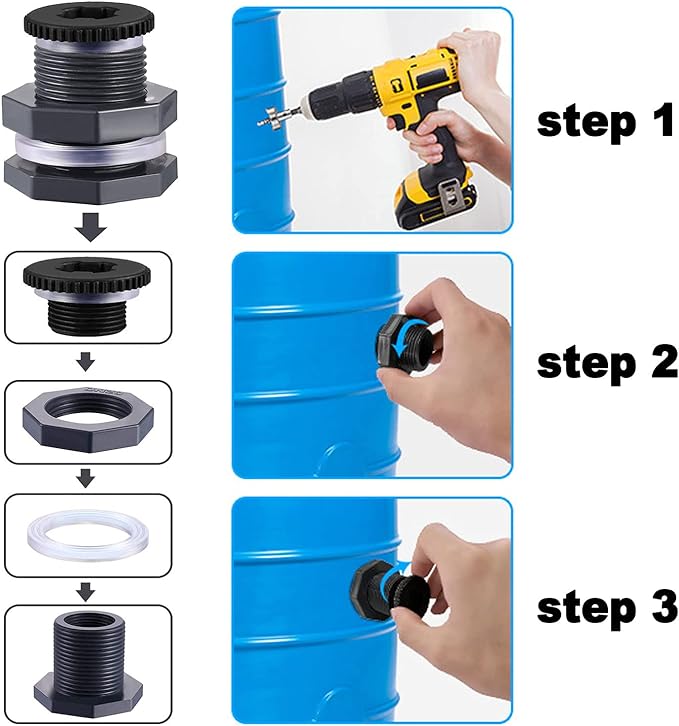 4 PCS Rain Barrel Bulkhead Fitting kit with Plugs and Hole Saw Tool, 1" (Inside Diameter is About 32mm) PVC Spigot Connector Kit for Rain Barrels Pools Aquariums (32mm ID Bulkhead 1")