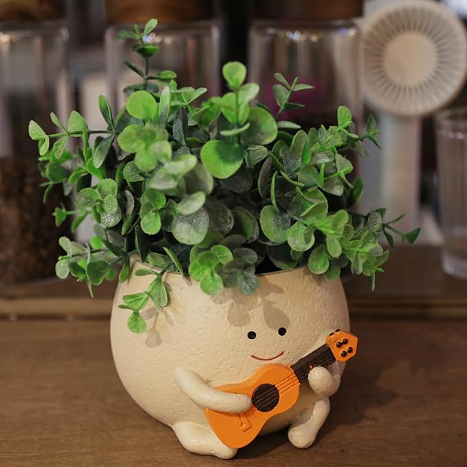 Smily Face Planter Pot with Drainage Hole Cute Resin Head Planters for String of Pearls Plant Live Unique Guitar Succulent Pots for Indoor Outdoor Plants Gift IdeaI for Mother Christmas(Large)