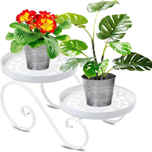 2 Tier White Plant Stand, Metal Flower Stand Indoor Outdoor, Anti-Rust Iron Plant Shelf, Round Flower Pot Stands for Multiple Plants, Display Rack Potted Plant Holders for Garden Home Decor