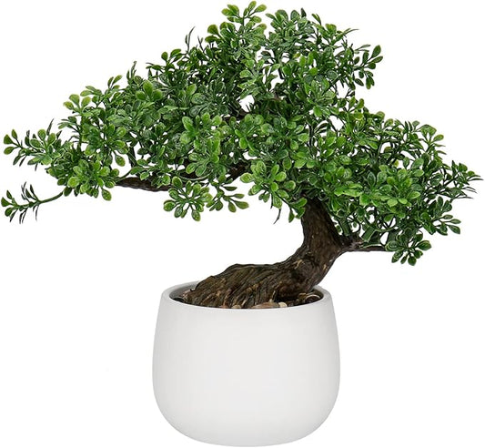 DILATATA Fake Bonsai Tree Zen Juniper Bonsai Plant 9” Tall Artificial Bonsai Trees with White Ceramic Pot Decorated with Pebbles Desk Plant Indoor Bonsai for Home Office Decor