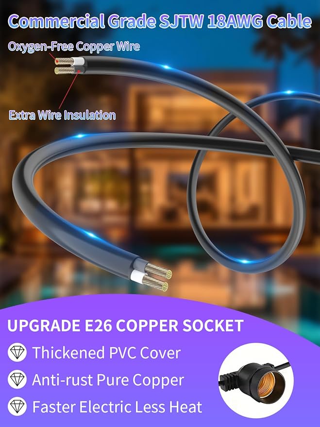 Led String Lights Outdoor 27Feet S14 Patio Light, Edison Shatterproof Bulbs Weatherproof Strand, Commercial Grade Patio Lights, Decorative for Garden or Patio