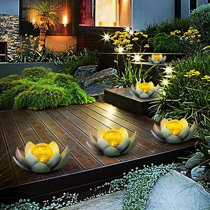 Huaxu Solar Lights Outdoor Garden Decor , Amber Crackle Globe Glass Lotus Decoration,Waterproof Gray Metal Flower Light for Patio,Lawn,Walkway,Tabletop,Ground