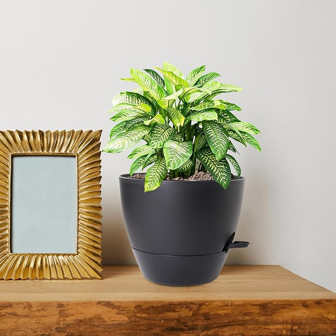 8 inch Self Watering Pots, 2 Pack Plastic Planters with Mesh Drainage Holes for Garden Plants and Flower, Plants Pots with Deep Reservoir for Indoor Outdoor Plants, Black