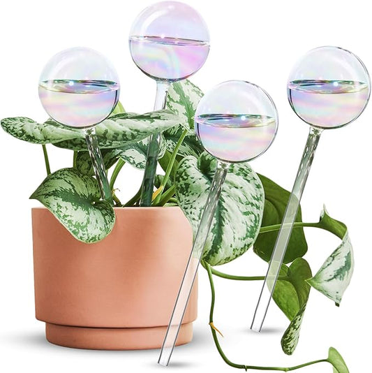 [4 PCS] Light Iridescent Rainbow Gradient Color Clear Glass Self-Watering System Spikes, Automatic Plant Waterer Bulbs