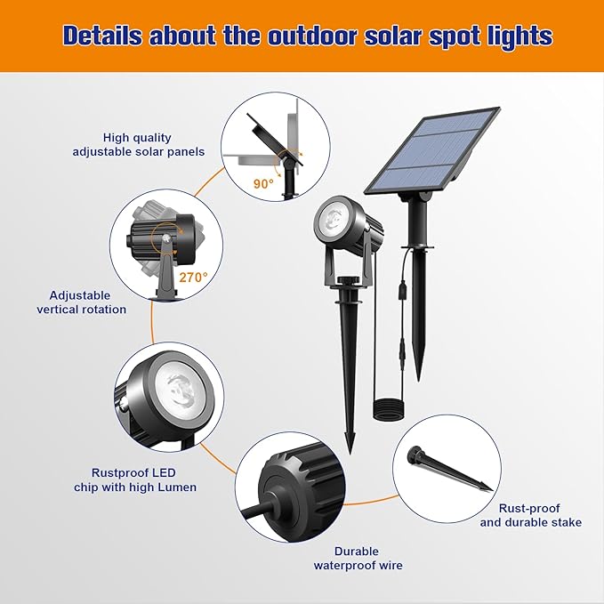 APONUO Solar Spot Lights Outdoor 4-in-1 Solar Landscape Lighting Dusk to Dawn Solar Uplights IP65 Waterproof 9.8ft Cable Outdoor Spot Lights for Yard Pathway Garden Tree Decoration (Cool White)