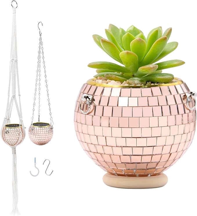Disco Ball Planter, 1pcs 4" Rose Gold Disco Ball Planter, Disco Ball Plant Hanger with Hanging Rope, Hanging Chain, Hook, Circle and Extra Mirror Pieces (4" Rose Gold, 1pcs)