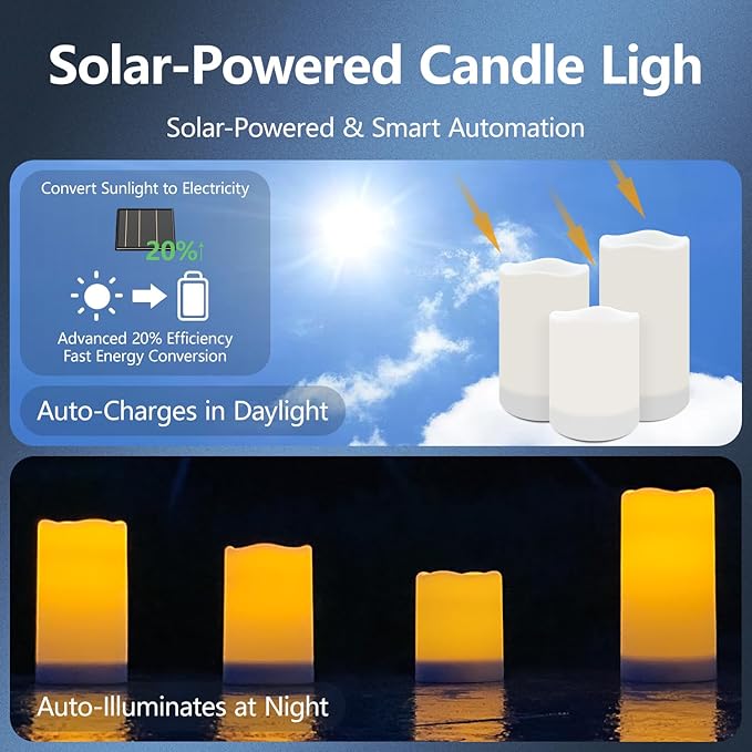 salipt Solar Powered Candles - 3.25" x 4"5" 6" Waterproof LED Flameless Pillar Candle Set,Dusk to Dawn, Rechargeable Solar Battery Included,Waterproof for Patio Decor,Set of 3
