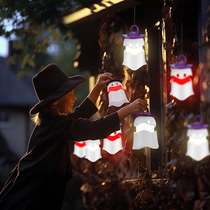 EverBrite 3-Pack Halloween Hanging Ghost Lights, Collapsible Ghost Camping Lantern, Two Color Changing, Indoor/Outdoor Halloween Spooky Party Decorations, Battery Included