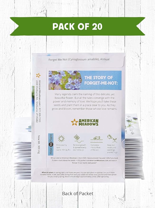 American Meadows Wildflower Seed Packets Forever in Our Hearts Memorial Favors (Pack of 20) - Forget-me-Not Seed Mix, Favors for Funerals, Wakes, Viewings, Visitations, Memorial Services